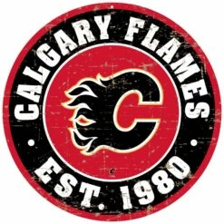 NHL Calgary Flames Round Distressed Hockey Team Sign, 12-in