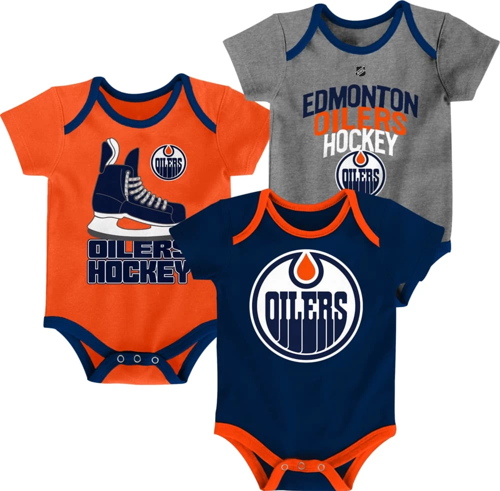NHL Edmonton Oilers Infant/Baby Bodysuit Onesie, Grey/Orange/Blue, 3-pk 3 NHL Edmonton Oilers Infant/Baby Bodysuit Onesie, Grey/Orange/Blue, 3-pk