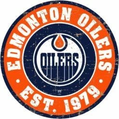 NHL Edmonton Oilers Round Distressed Hockey Team Sign, 12-in