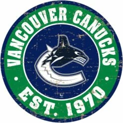 NHL Vancouver Canucks Round Distressed Hockey Team Sign, 12-in